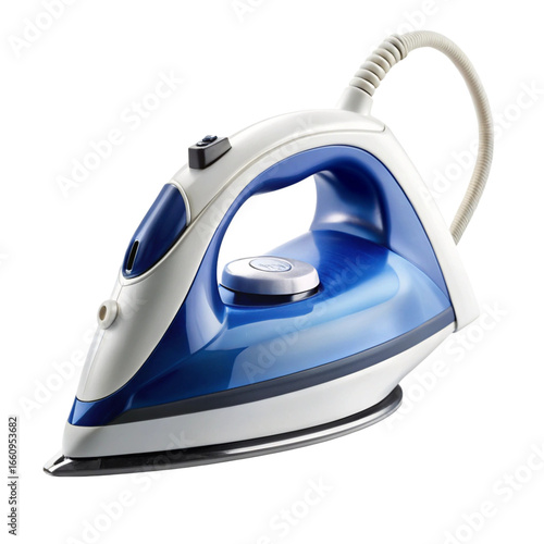 Blue and White Iron Appliance with Transparent Background, Ready for Cloth Ironing Task