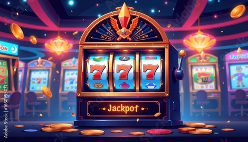 Colorful slot machine with jackpot display and scattered coins in a lively casino setting.