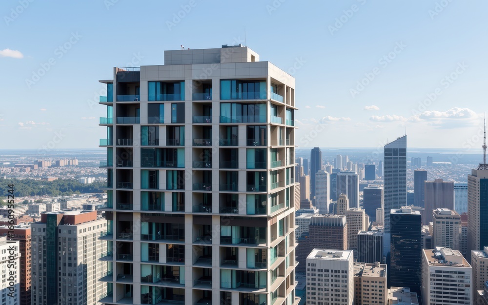 Fototapeta premium Modern high-rise building overlooks a city skyline on a clear day.