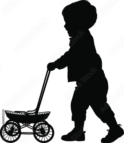 Child pushing toy stroller silhouette, toddler playtime vector, parenting concept illustration, childhood development clipart, black baby silhouette, vintage toy scene