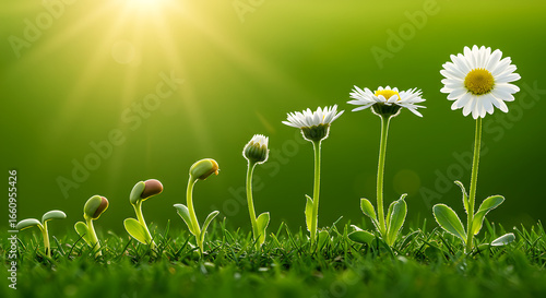 Stages of development and growth of a daisy on green background with sunlight — botanical nature illustration