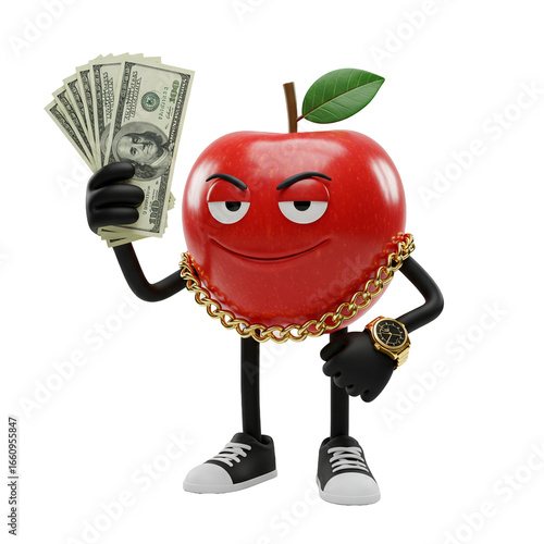 A cartoon apple character, holding money, wearing a gold chain and wristwatch, displaying a rich and successful persona.