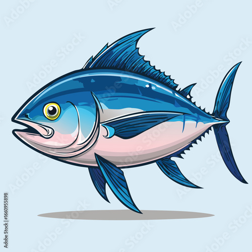 Detailed illustration of a blue tuna fish with fins and a detailed body structure.