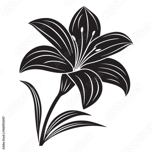 Elegant black and white silhouette of a lily flower with detailed petals and stem symbolizing purity and beauty