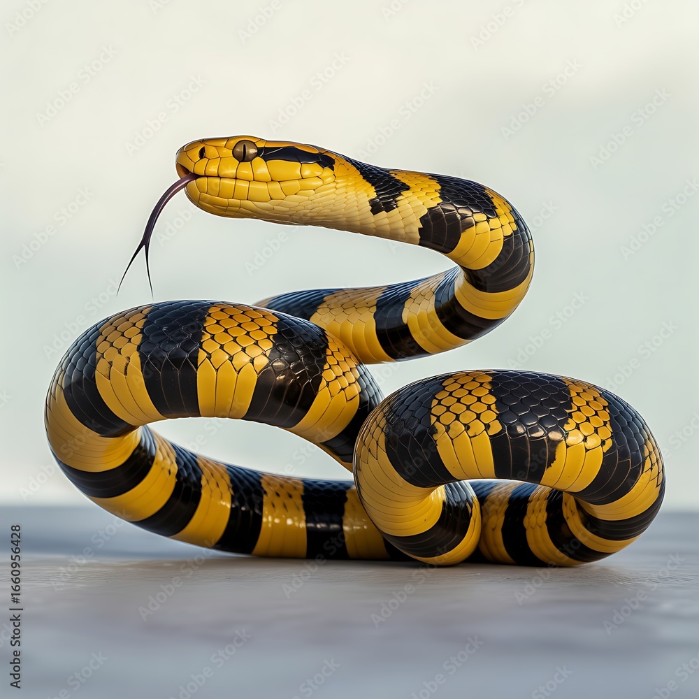 Naklejka premium A malayan blue krait snake coiled and sticking its tongue out in nature