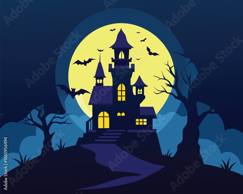 Spooky dilapidated victorian mansion silhouette standing against a dramatic backdrop perfect for halloween themes