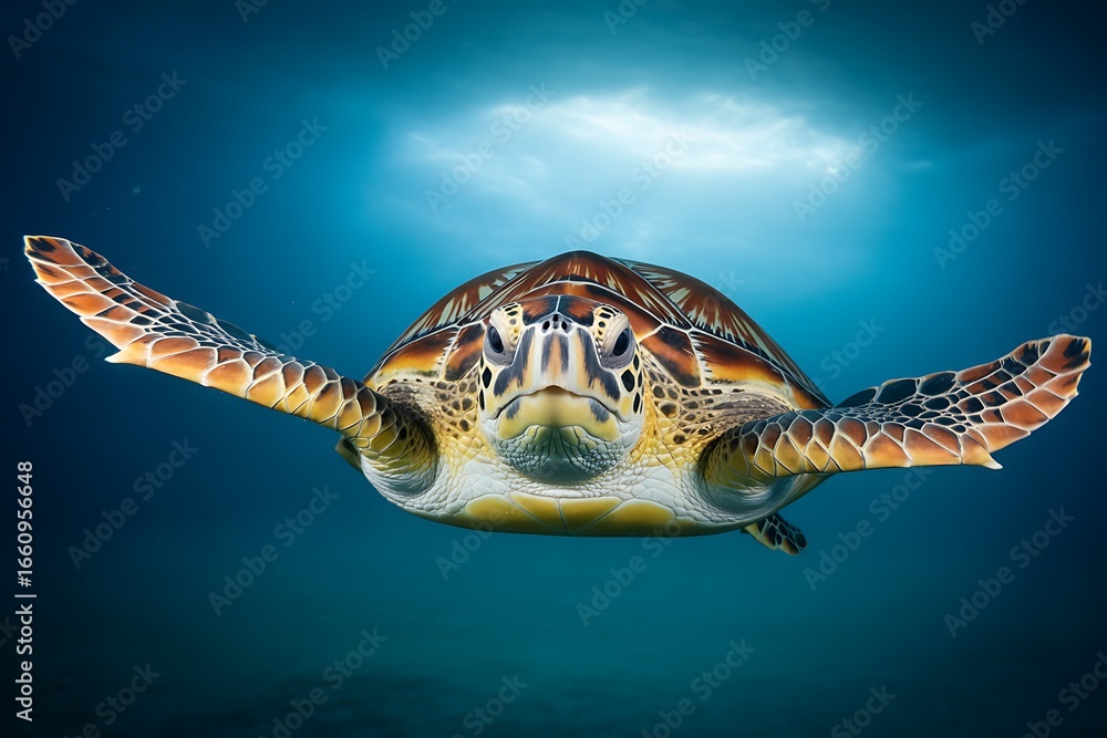 Obraz premium A beautiful green sea turtle swimming in the ocean with sunlight above