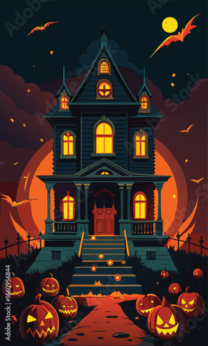 Spooky victorian house with dim lighting perfect for halloween advertisements and decorations