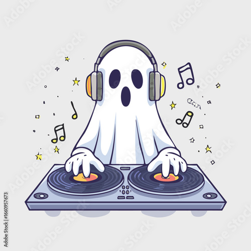 A cartoon illustration of a ghost DJ wearing headphones and playing music on a turntable.