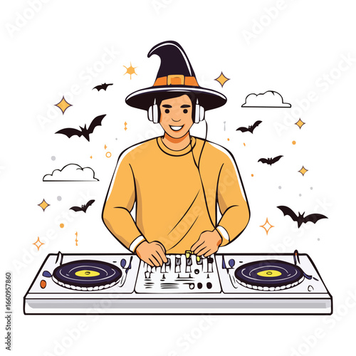 A smiling DJ wearing a witch hat, mixing music on a turntable during Halloween night.