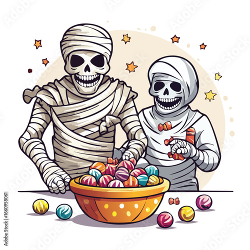 Two smiling mummies in costume are sharing a bowl of colorful candies, celebrating Halloween.