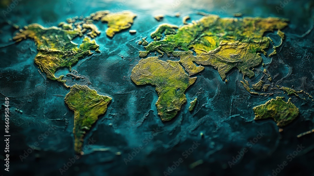 Fototapeta premium A textured 3D map of the world is displayed on a dark, reflective surface. The map features a detailed relief representation of continents and oceans