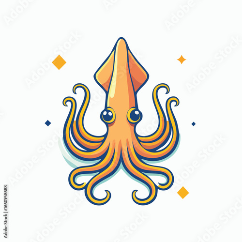 Cartoon illustration of a vibrant orange squid with large eyes and curling tentacles.
