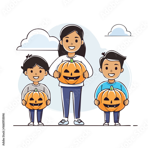 A mother and two children happily holding carved pumpkins, celebrating Halloween together.