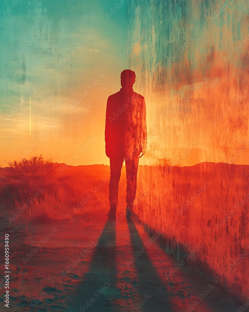 Fototapeta premium Silhouette Against Vibrant Orange and Teal Sunset with Long Shadow