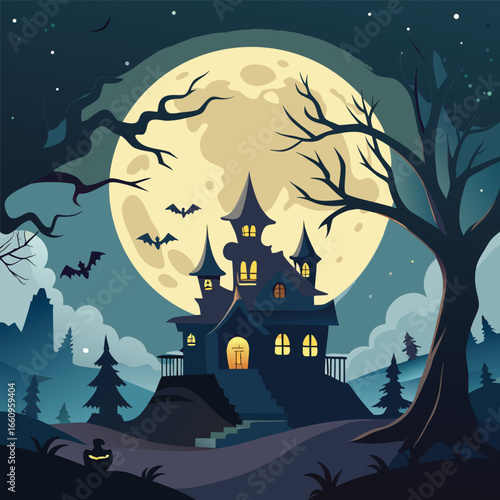 A spooky halloween scene featuring a large luminous full moon over a dark eerie landscape with silhouetted trees and a haunted house