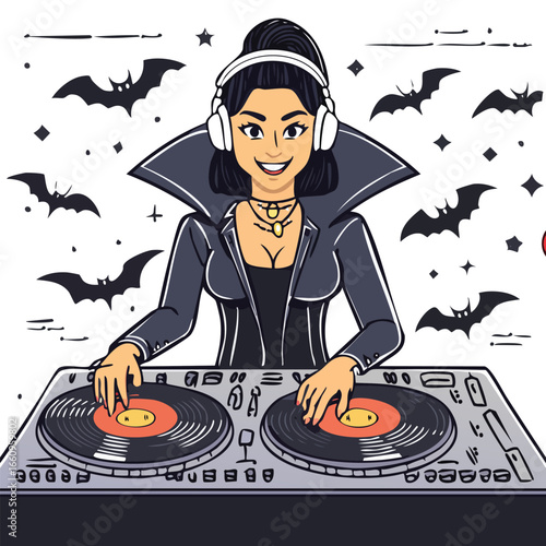 A smiling woman DJ wearing headphones and a vampire costume, surrounded by bats, mixing music on turntables.