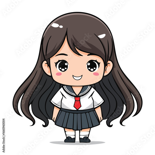 Chibi-style illustration of a smiling schoolgirl in uniform, full body pose.