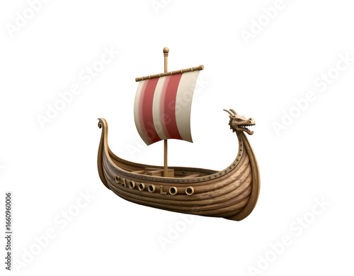 Viking Ship Illustration with Dragon Head Detail