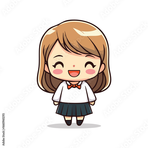 Cartoon illustration of a cute, smiling schoolgirl wearing a uniform and bow tie.