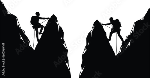 Silhouette rock climbers scaling steep mountain peaks, adventure sport vector illustration, extreme outdoor activity, teamwork challenge, rugged cliff ascent, climbing gear concept