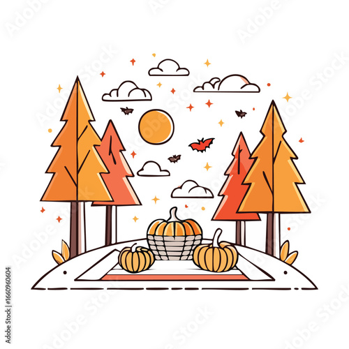 An illustration of an autumn scene with pumpkins, trees, and a warm sun in the sky.
