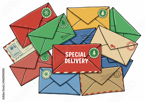 Holiday mail pile with special delivery stamp