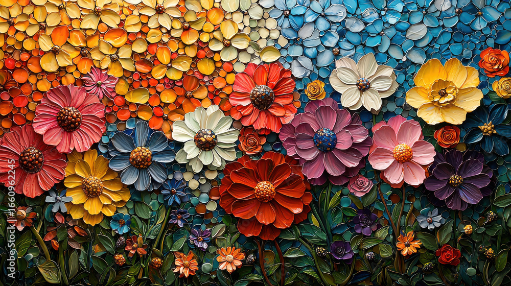 Fototapeta premium A vibrant mosaic of hues, crafted with a modern flair, where a kaleidoscope of petals danced on a canvas of smooth, glossy surfaces