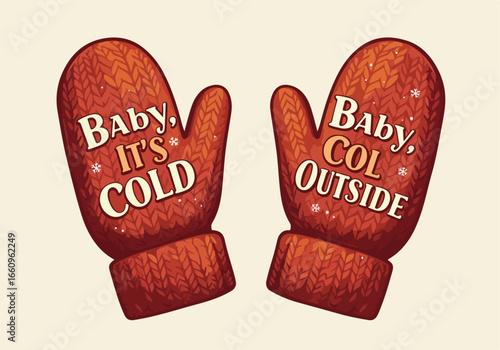 Red mittens with 'Baby, It's Cold Outside' with transparent background