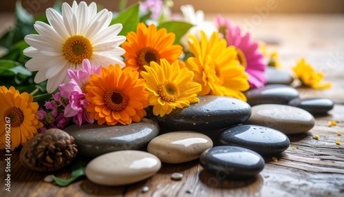 Beautiful daisy and other flowers resting on smooth stones with a wooden backdrop