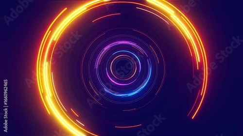 Vibrant neon circular tunnel effect with pulsing light streaks, perfect for tech intros or futuristic motion graphics, ai generated 4k video animation