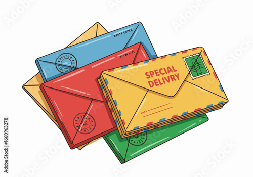Stacked envelopes with stamps and postmarks