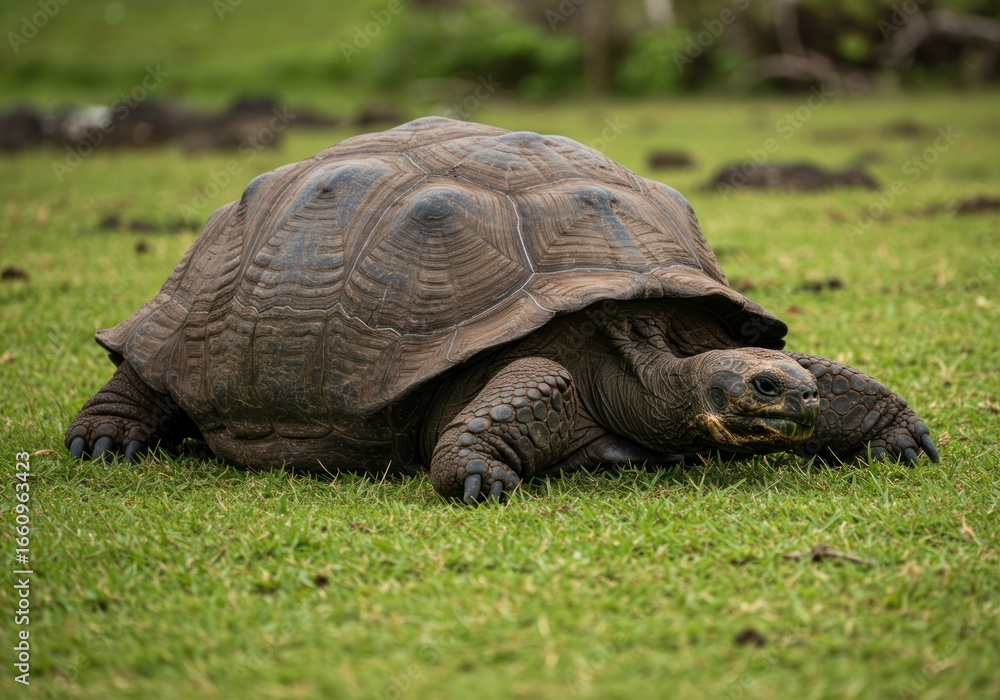 Fototapeta premium Witness the serene grandeur of a giant Galapagos tortoise as it peacefully grazes on vibrant green grass, a symbol of prehistoric wildlife and ecological wonder.