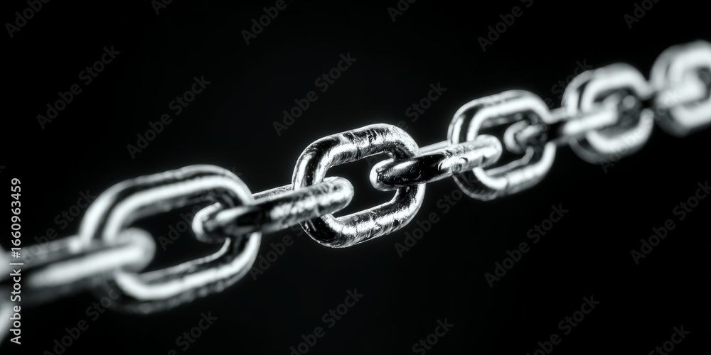 Fototapeta premium Macro Shot of a Shiny Metal Chain on Black Background Symbolizing Strength and Connection