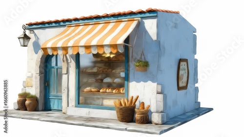 A charming bakery facade with a striped awning, displaying bread inside, pots of greenery, a hanging lantern, and loaves in baskets, on a stone sidewalk