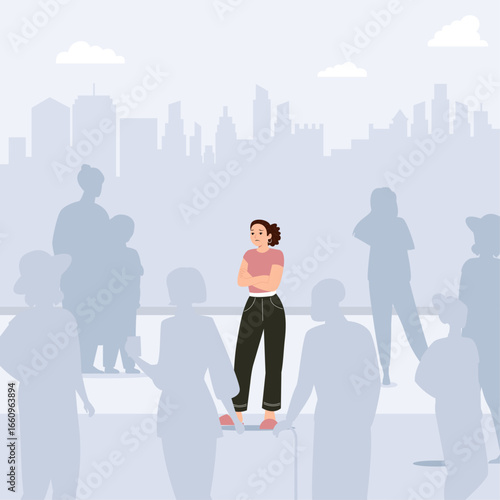A young woman stands alone in a city crowd, feeling isolated and detached from her surroundings