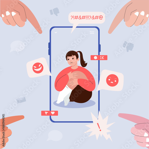 A person is trapped inside a smartphone screen, overwhelmed by social pressure and negative online comments.