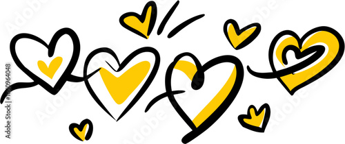 Hand drawn hearts with yellow accents scattered across a white background creating a playful design