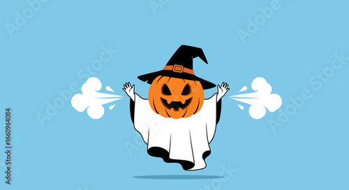 Spooky pumpkin ghost character with witch hat and steam coming out its arms having a fun halloween celebration