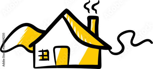 Stylized drawing of a house with smoke coming from a chimney and a decorative flourish on the side