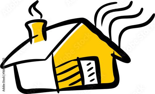 Stylized drawing of a house with smoke coming from the chimney and side in yellow and black lines