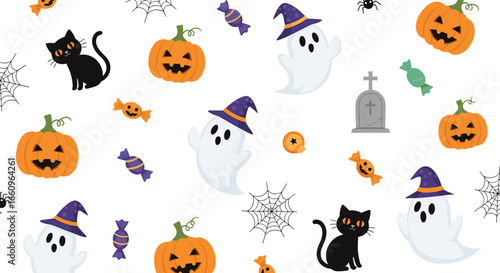 Wallpaper Mural Whimsical halloween pattern featuring ghosts pumpkins black cats and spooky treats for festive celebrations Torontodigital.ca