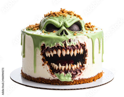 A scary, grotesque green monster cake with a bloody mouth and teeth, great for a Halloween party.