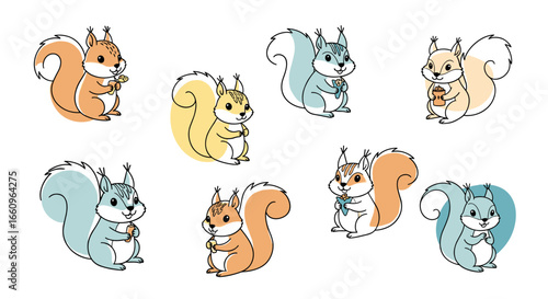 A collection of adorable cartoon squirrels engaging in various activities and poses showing their playful nature