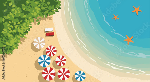 A vibrant tropical beach scene with umbrellas palm trees and starfish in the ocean