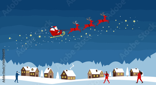 Santa claus riding reindeer sleigh across the starry winter night sky delivering gifts to a snowy village below