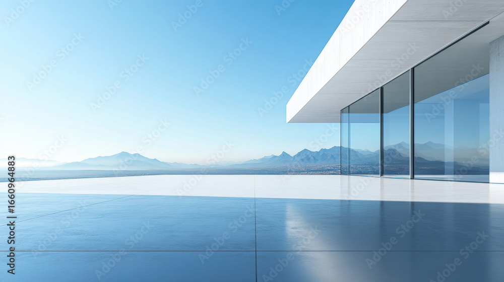 Fototapeta premium Minimalist Interior with Large Glass Windows and Mountain View