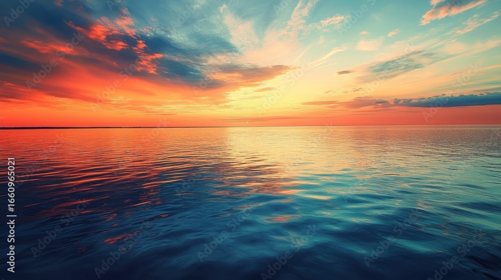 Obraz premium A breathtaking sunset over a calm sea. The sky explodes with vibrant colors, transitioning from fiery orange and red near the horizon to deep blues and turquoise higher up. 