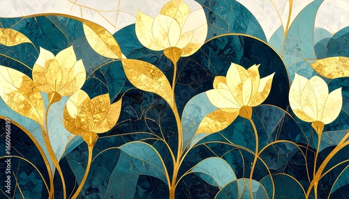 Floral mosaic art, teal and gold