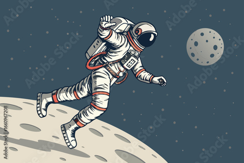 Astronaut leaping joyfully on the moon's surface.